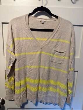GAP Women's V-Neck Striped Sweater Shirt - Beige with Neon Yellow Stripes